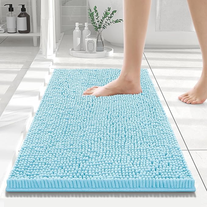 Smiry Luxury Chenille Bathroom Rugs 24x16, Extra Soft and Absorbent Shaggy Bath Mat, Machine Washable, Non-Slip Plush Carpet Runner for Tub, Shower, and Floor, Home Decor Accessories, Sky Blue