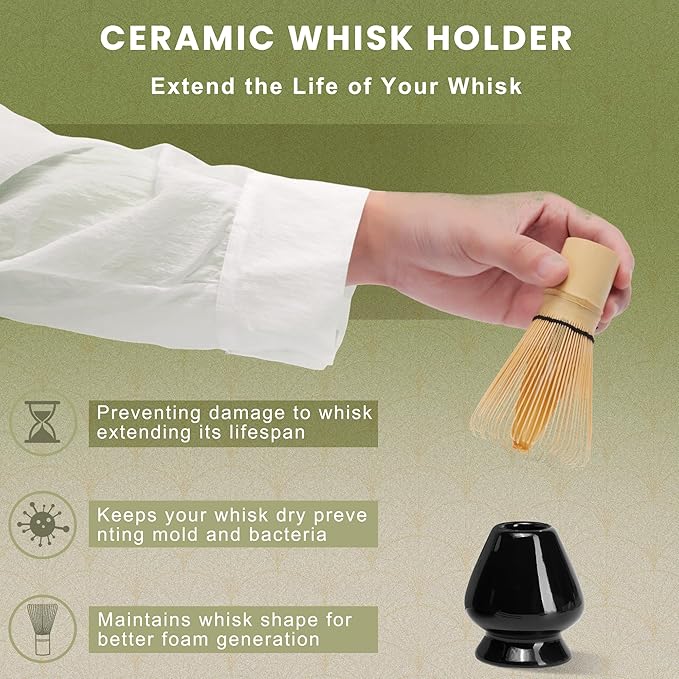 Matcha Whisk Set, Ceramic Matcha Set Includes Matcha Bowl, Matcha Whisk (Chasen) and Holder, Sifter, Bamboo Scoop & Spoon - 6 Pcs Matcha Kit for Matcha Lovers Black