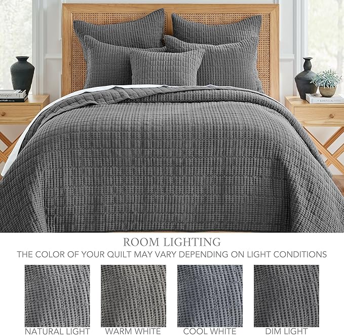 Levtex Home Mills Waffle Twin Bedspread Set (84x104in) with 1 Pillow Sham (26x20in) - Charcoal - 100% Cotton Twin Size Bedspread Set - Lightweight, Soft, Pre-Washed