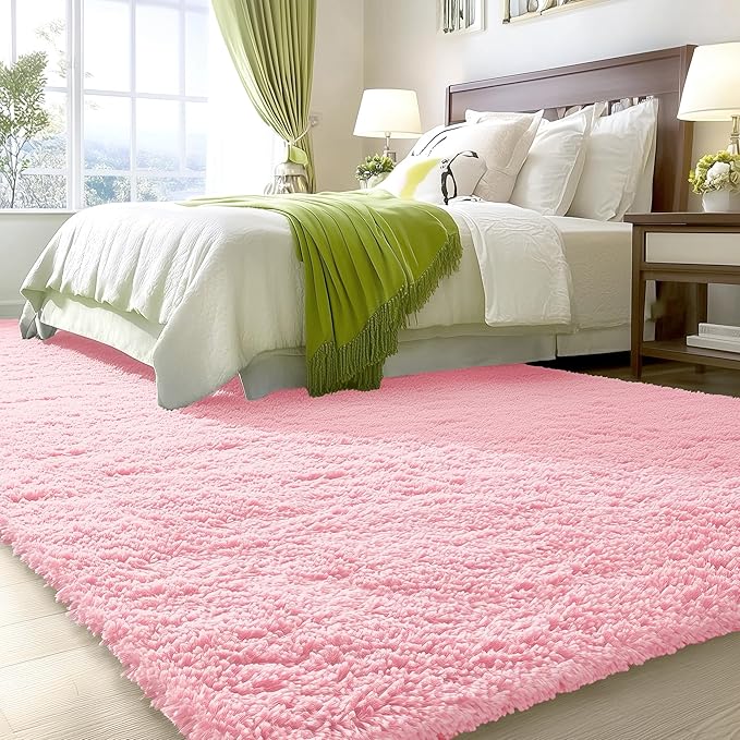 OLANLY 6x9 Machine Washable Large Area Rugs for Living Room, Bedroom, Soft Fluffy Shaggy Bedside Rug, Indoor Floor Carpet for Kids Girls and Boys, Dorms, Nursery, Home Decor Aesthetic, Pink