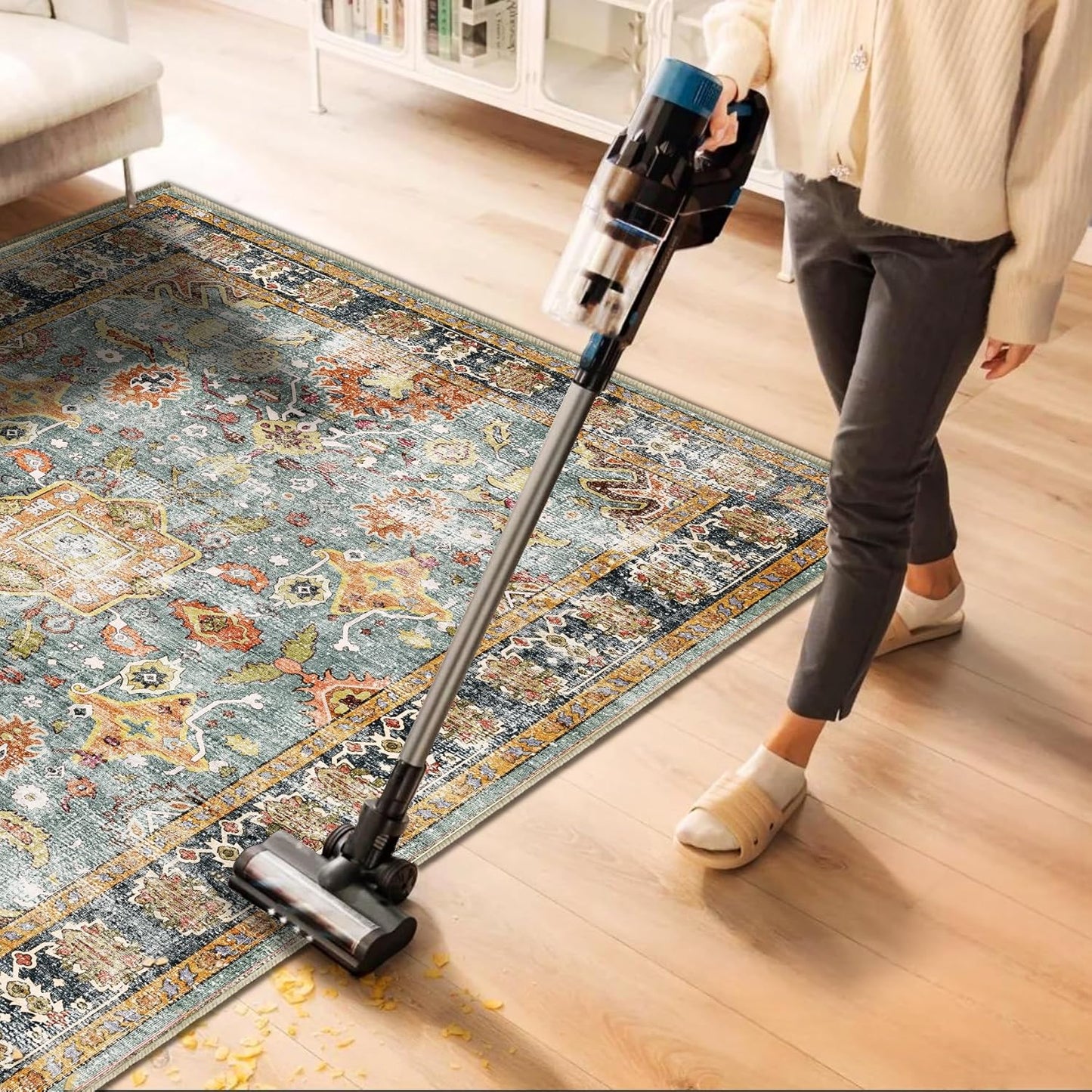 Area Rug 10'x14' Washable Vintage Traditional Mat Distressed Indoor Foldable Thin Retro Accent Floral Print Non Slip Carpet for Living Room Dining Room Office