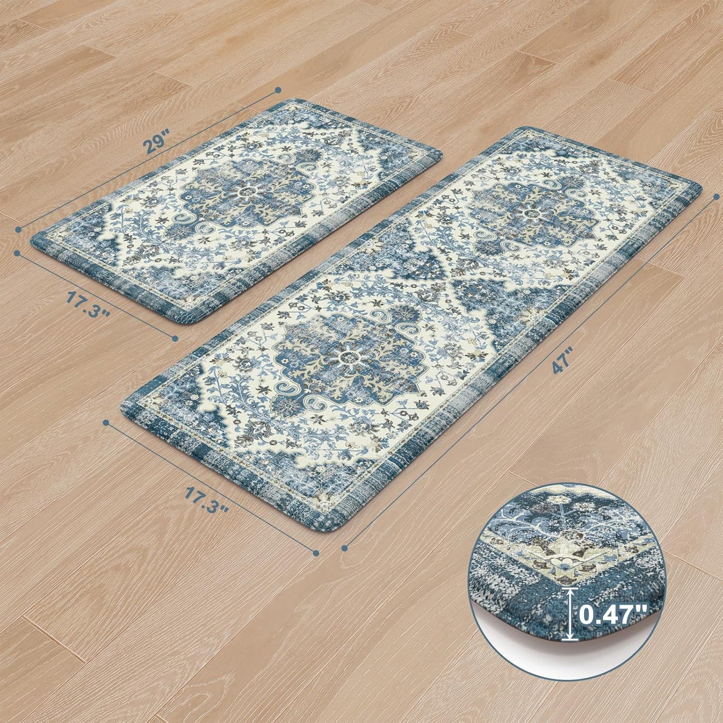 KIMODE Anti Fatigue Kitchen Mats, 17"x47"+17"x29" Boho Vintage Kitchen Rugs Sets of 2, Non Slip Kitchen Mats for Floor, Cushioned Kitchen Floor Mats for Sink Laundry Office Desk Blue Multi