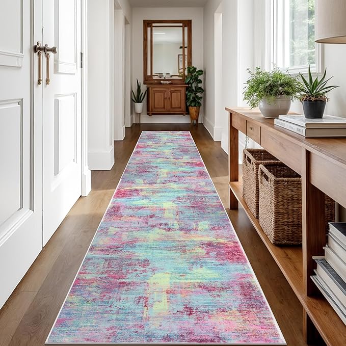IOHOUZE Abstract Runner Rug 2x12 Ft Washable Runners for Hallways, Non Slip Kitchen Runner Printed Faux Wool Entryway Runner Indoor, Modern Abstract Floor Carpet for Hall Kitchen, Pink Teal