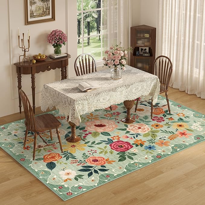 DUKINO 8x10 Area Rug, Floral Rugs for Living Room, Lightweight Non Slip Washable Rug, Indoor Low Pile & Non-Shedding Boho Design Rugs for Bedroom, Living Room, Dining Room, Green