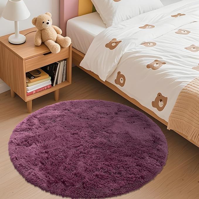 OLANLY Burgundy Round Rugs for Bedroom - Machine Washable, 3 ft Circle Area Rugs for Living Room, Soft and Fluffy Shaggy Carpet for Teen Girls and Boys, Nursery Rooms, Dorms, Home Decor Aesthetic