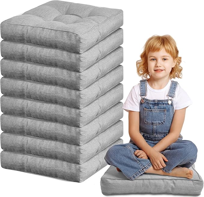 Juexica 8 Pcs Floor Cushions for Kids Floor Pillows Flexible Seating Cushions 3.5'' Thick Flexible Seating Classroom Furniture Meditation Seat Pillows for Home Nursery Yoga Decor(Grey,Square)