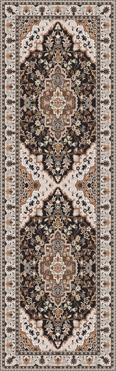 Washable Runner Rug 2.5x8 | Non Slip Rug Runners for Hallways, Entryways, Kitchens, Bathrooms, Bedrooms | Ultra-Soft Flannel Carpet Runners with Rubber Backing (Cream Black Brown, 2.5x8)