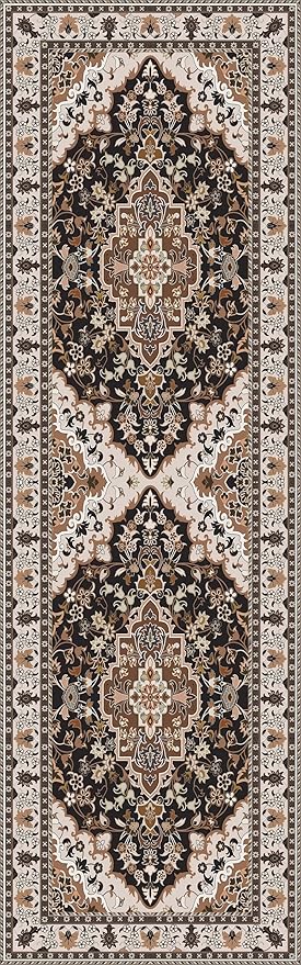 Washable Runner Rug 2.5x8 | Non Slip Rug Runners for Hallways, Entryways, Kitchens, Bathrooms, Bedrooms | Ultra-Soft Flannel Carpet Runners with Rubber Backing (Cream Black Brown, 2.5x8)