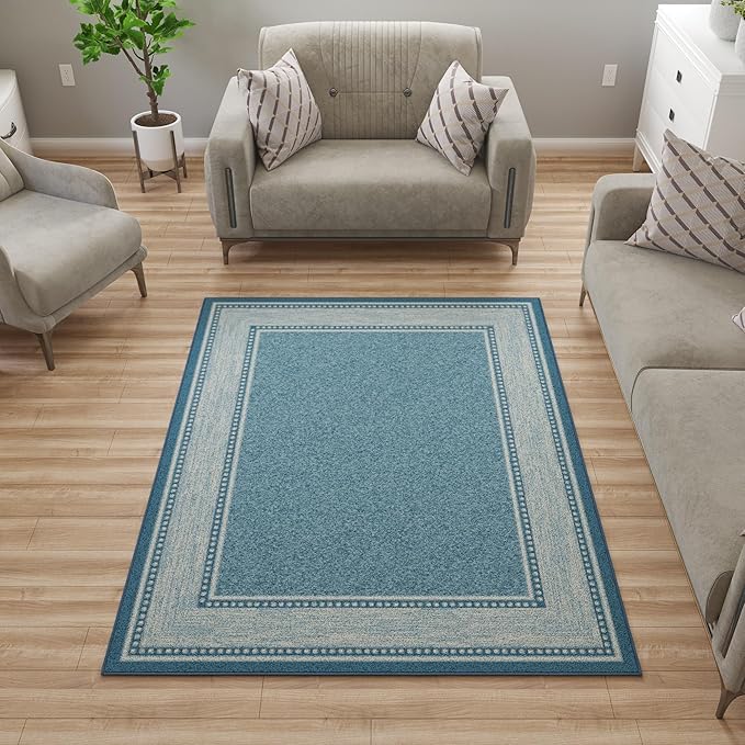 Ottomanson 5' x 6'6" Rugs for Living Room Border Area Rug for Bedroom - Non Slip Durable Large Floor Carpet for High Traffic Areas - Indoor Rug for Dining Room Kitchen Kids Playroom, Turquoise