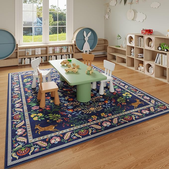 Living Room Rug 6x9 Rug Machine Washable Area Rug Floral Non-Slip Low Pile Large Rug for Living Room, Bedroom, Farmhouse, Dining Room, Kids Playroom(Blue)