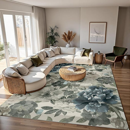 Boho Floral Area Rug 8x10 - Hand-Drawn Gray Green Blooms on Cream, Low-Pile Non-Slip Carpet, Machine Washable for Living Room & Bedroom Vintage Decor.