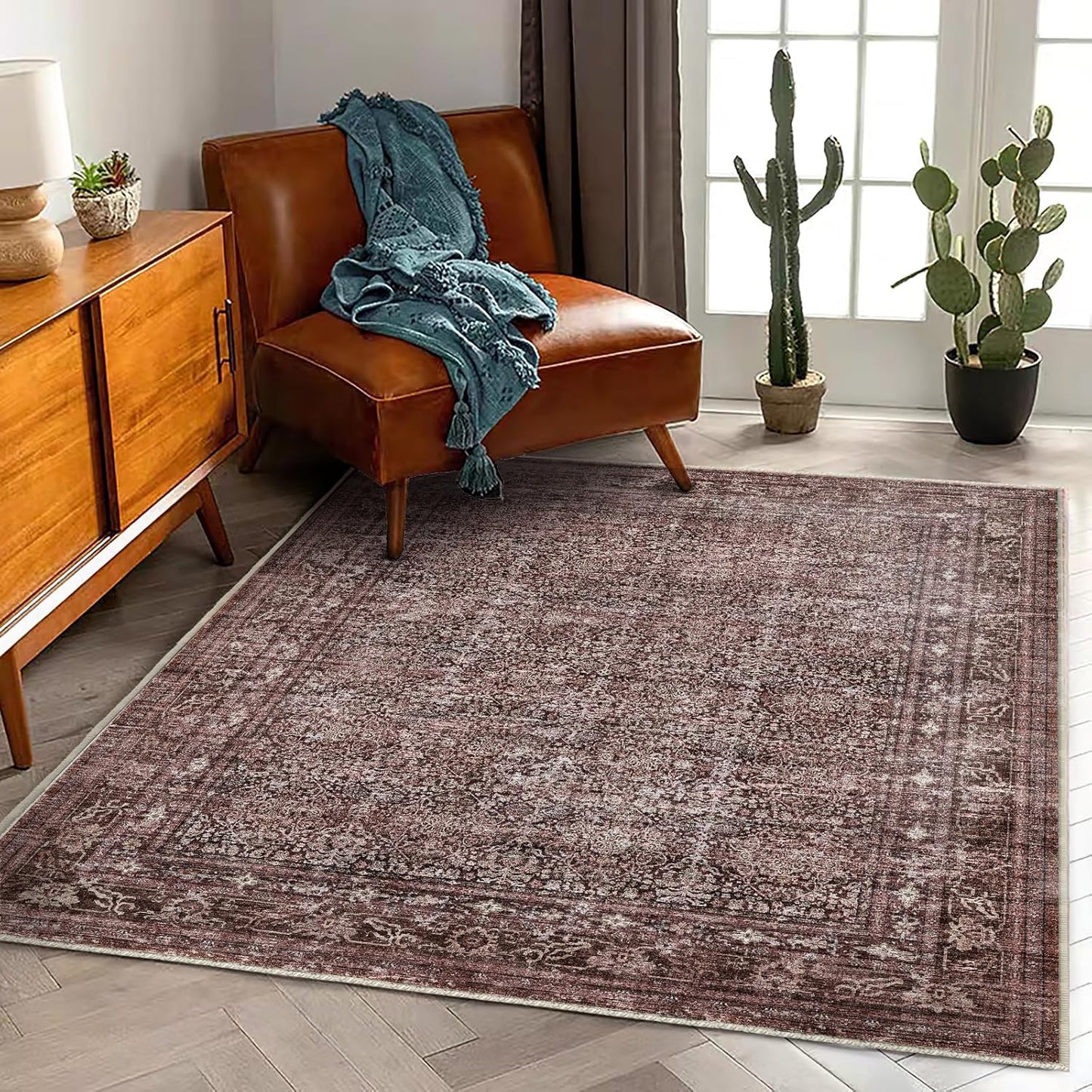 Area Rug 5'x7' Washable Rug Traditional Floor Cover Thin Retro Kitchen Indoor Distressed Non Slip Carpet for Living Room Bedroom Dining Room