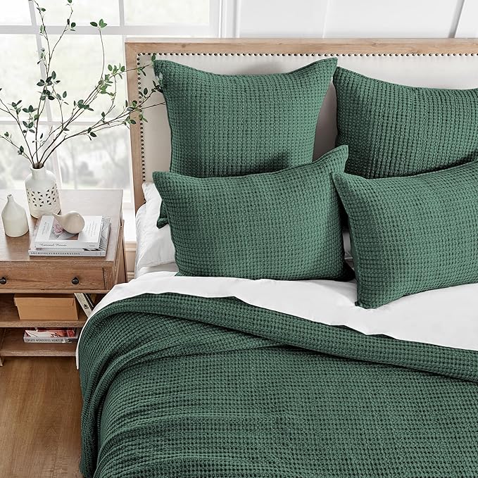 Levtex Home Mills Waffle Twin Bedspread Set (84x104in) with 1 Pillow Sham (26x20in) - Forest Green - 100% Cotton Twin Size Bedspread Set - Lightweight, Soft, Pre-Washed