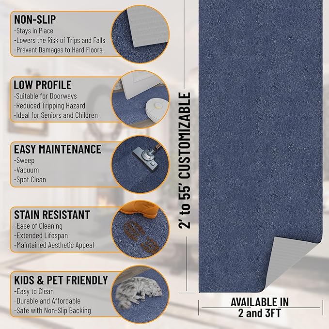 Ottomanson 2'7" x 50' Ultra-Thin Hallway Runner Rug - Durable Non-Slip Carpet for High-Traffic Areas - Fits Under Doors for Seamless Entry - Ideal for Kitchen, Entryway, Bedroom & Living Room, Navy