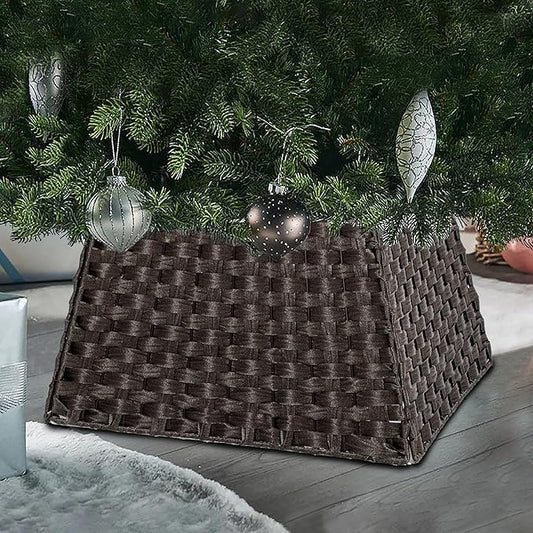 SUNNYPARK Christmas Tree Collar, Handmade Artificial Rattan Wicker Christmas Stand Tree Collar Basket Base Cover for Holiday Decoration-Square Dark Brown