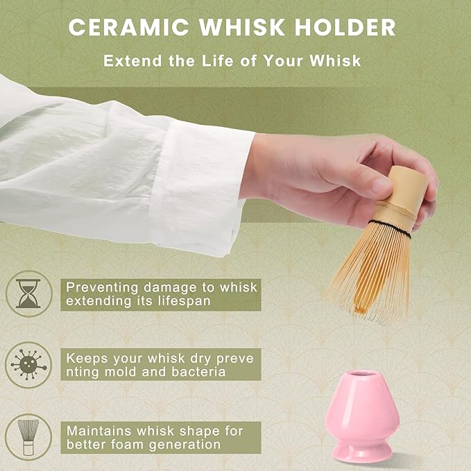 Matcha Whisk Set, Ceramic Matcha Set Includes Matcha Bowl, Matcha Whisk (Chasen) and Holder, Sifter, Bamboo Scoop & Spoon - 6 Pcs Matcha Kit for Matcha Lovers Pink