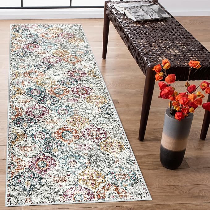 Lahome Moroccan Hallway Rug, 2'5''x8' Kitchen Runner Rugs Non Skid Washable Runners for Hallways, Ultra-Thin Oriental Carpet for Entryway Laundry Room Bedroom Bathroom, Aqua/Multi