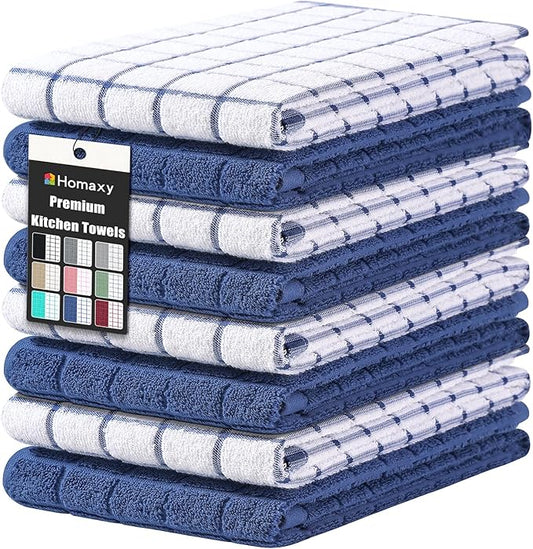 Homaxy Premium Cotton Kitchen Towels 16"x 28", Large Natural Ring Spun 390 GSM Dish Towels, Super Absorbent Terry Kitchen Hand Towels, Soft Tea Towel with Hanging Loop, Navy Blue Check Design, 8 Pack