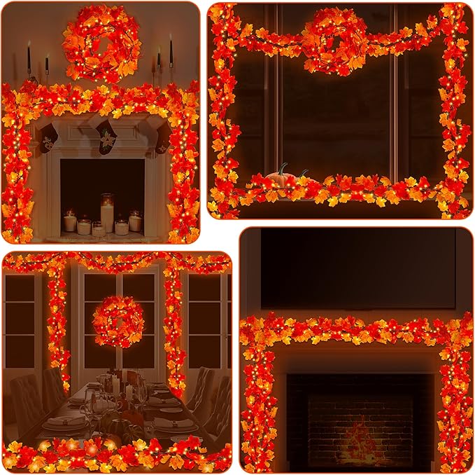 4 Pack Fall Garland with Lights, 36FT Decor, 200 Connectable Orange Bulbs Plug in Fall Decorations for Home, Artificial Maple Leaves Garland with Light for Thanksgiving Halloween Decorations