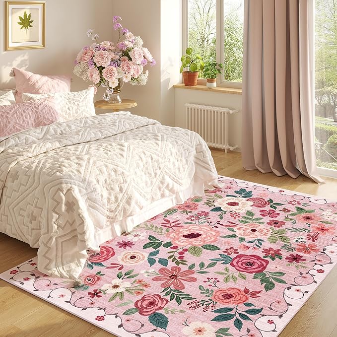 DUKINO 8x10 Area Rug, Floral Rugs for Living Room, Lightweight Non Slip Washable Rug, Indoor Low Pile & Non-Shedding Boho Design Rugs for Bedroom, Living Room, Dining Room, Pink
