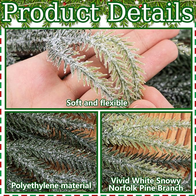 2 Pcs Artificial Christmas Snow Teardrop Swag, 28" Faux Glitter Snow Flocked Norfolk Pine Teardrop Door Swag, White Frosted Real Touch Pine Wreath Staircase Swags for Xmas Door Mantle Fireplace Decor