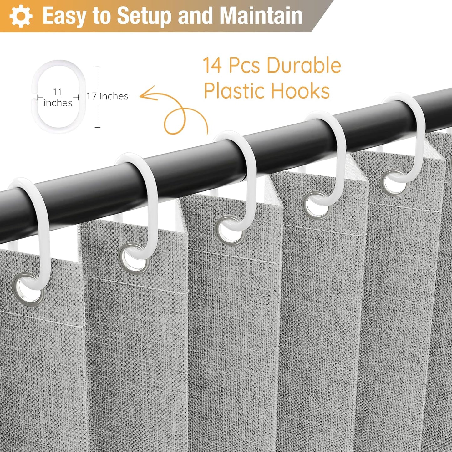 Jubilantex Folding Linen Shower Curtain for Bathroom Grey Waterproof Shower Curtain 1 Panel with 14 Metal Grommets and 1 Tie Back for Hotel,70"x70"