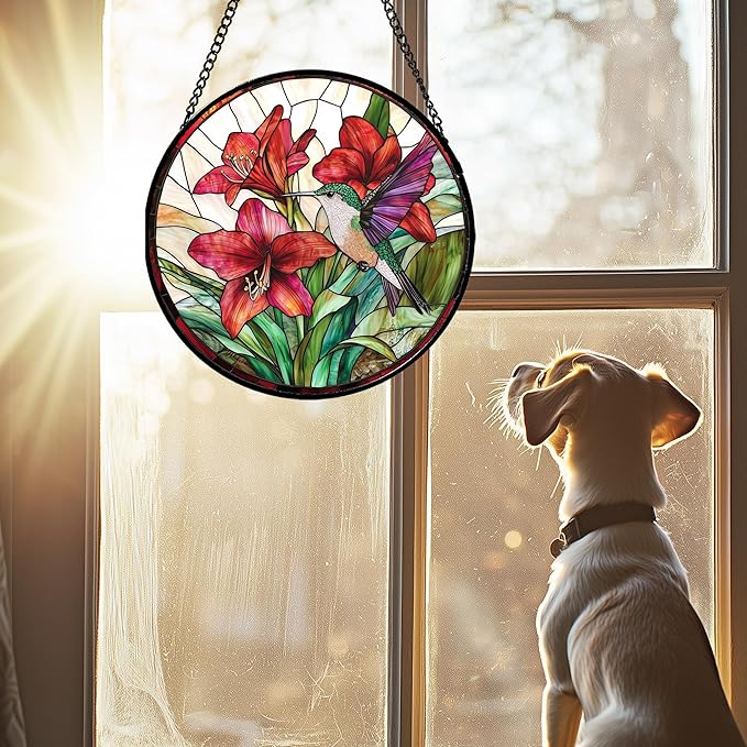 Stained Glass Window Hanging - Hummingbird On Red Lily Flower Sun Catcher for Door Garden Decor Suncatcher Christmas Mother's Day Birthday Gifts for Bird Lovers Women Men Mom Nana 7.8 in