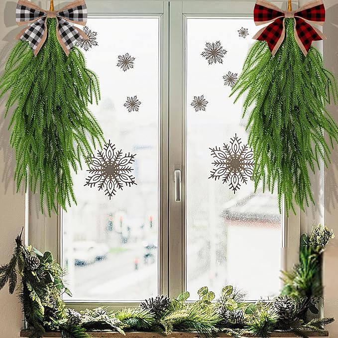 2 Pcs Artificial Christmas Teardrop Swag with Plaid Bow, 28" Faux Pine Needles Teardrop Door Swag, Christmas Norfolk Greenery Teardrop Wreath for Xmas Door Mantle Fireplace Indoor Outdoor Decor