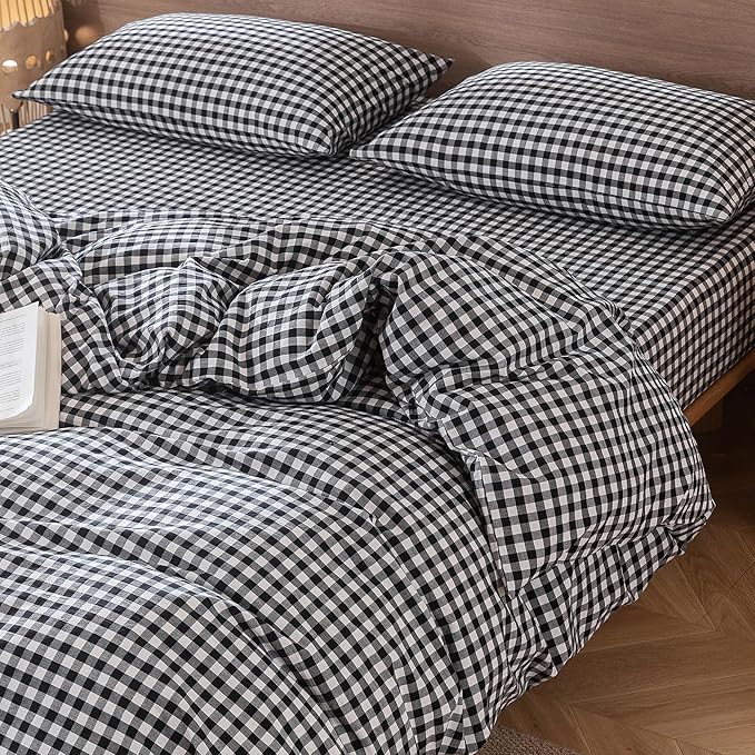 MooMee Gingham Duvet Cover Set 100% Washed Cotton Linen Like Textured Breathable Durable Soft Comfy Modern Checkered Design (Black White Gingham, Cal King 104"x98")