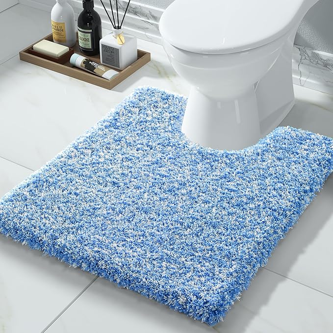 Yimobra Toilet Rugs U Shaped Washable 24x20, Ultra Soft and Water Absorbent Bath Mats, Non Slip Fluffy Shaggy Luxury Microfiber Contour Bath Rugs for Toilet, Dry Quick, Blue and White