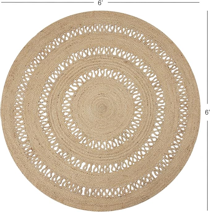 REDEARTH · Round Area Rug - 6 Feet Braided Scalloped Earthy Trails Jute Rug- Artisan Made Boho Jute Patterned Rugs for Bedroom, Kitchen, Living Room, Farmhouse, Aesthetic, Handmade Vintage Décor