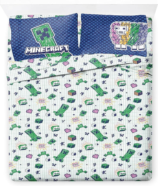Jay Franco Kids Sheet Set with Fitted, Flat Sheets & Pillow Cover - Ultra-Soft Bedding with Pillowcase for Room Decor, Multi - Minecraft, 4 Piece Queen