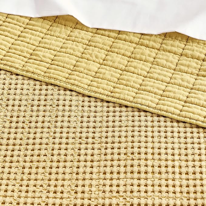 Levtex Home Mills Waffle Queen Bedspread Set (106x106in) with 2 Pillow Shams (26x20in) - Ochre - Cotton Waffle Queen Size Bedspread Set - Lightweight, Soft, Pre-Washed