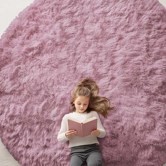 OLANLY Blush Round Rugs for Bedroom - Machine Washable, 9 ft Circle Area Rugs for Living Room, Soft and Fluffy Shaggy Carpet for Teen Girls and Boys, Nursery Rooms, Dorms, Home Decor Aesthetic