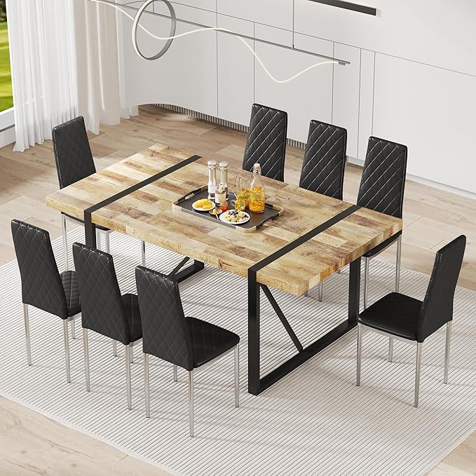 JT Modern Minimalist Dining Chair Fireproof Leather Sprayed Metal Pipe Diamond Grid Pattern Restaurant Home Conference Chair Set of 4 Or 6 (8, Grey)