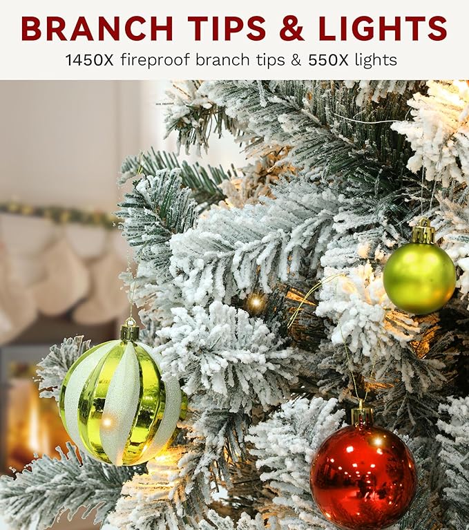 DWVO 7.5 ft Prelit Snow-Flocked Artificial Pine Christmas Tree, Full Xmas Tree with 550 Lights, 8 Lighting Modes, 1450 Tips, Foldable Base for Home and Party Decor