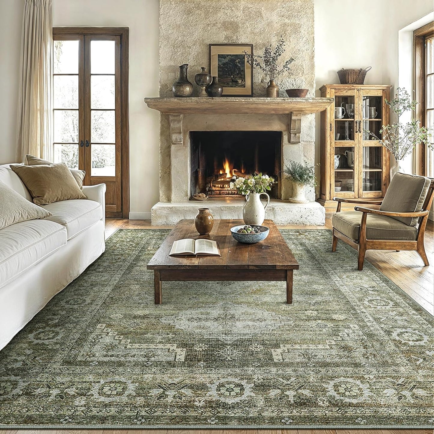 Area Rugs 6x9 for Living Room Bedroom, Modern Boho Machine Washable Large Distressed Light Greyish Sage Green Rug, Low Pile Floor Carpet with Non Slip Backing for Dining Room