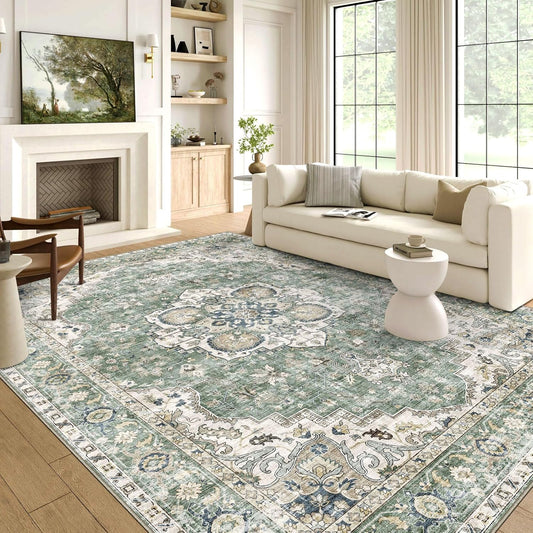 6x9 Area Rug for Living Room - Large Oriental Washable Rugs for Bedroom Non-Slip Sage Green Stain Resistant Dining Room Rug Farmhouse Low-Pile Carpet Soft Vintage Rug for Office Guest Room