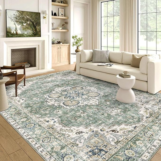 Washable Area Rug 5x7 - Boho Living Room Rug Stain Resistant Soft Bedroom Rug Ultra-Thin Sage Green Vintage Oriental Farmhouse Dining Room Rugs for Under Table Indoor Carpet for Living Room