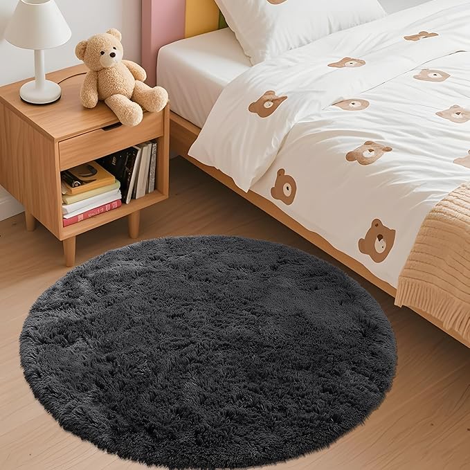 OLANLY Black Round Rugs for Bedroom - Machine Washable, 3 ft Circle Area Rugs for Living Room, Soft and Fluffy Shaggy Carpet for Teen Girls and Boys, Nursery Rooms, Dorms, Home Decor Aesthetic