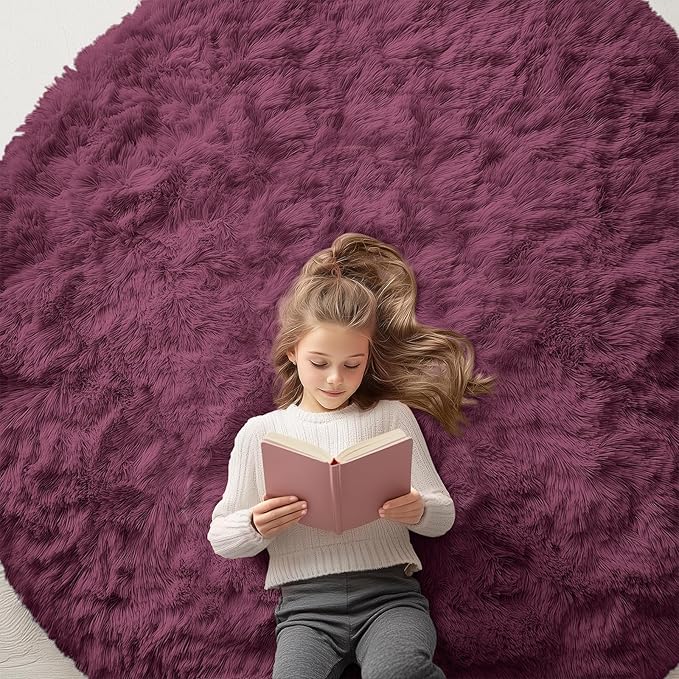 OLANLY Burgundy Round Rugs for Bedroom - Machine Washable, 6 ft Circle Area Rugs for Living Room, Soft and Fluffy Shaggy Carpet for Teen Girls and Boys, Nursery Rooms, Dorms, Home Decor Aesthetic