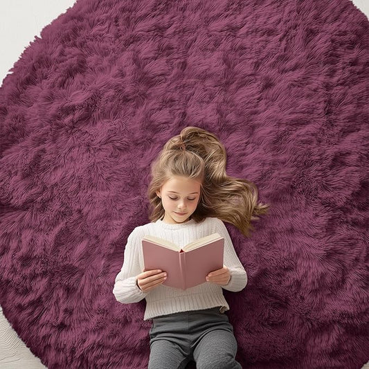 OLANLY Burgundy Round Rugs for Bedroom - Machine Washable, 6 ft Circle Area Rugs for Living Room, Soft and Fluffy Shaggy Carpet for Teen Girls and Boys, Nursery Rooms, Dorms, Home Decor Aesthetic