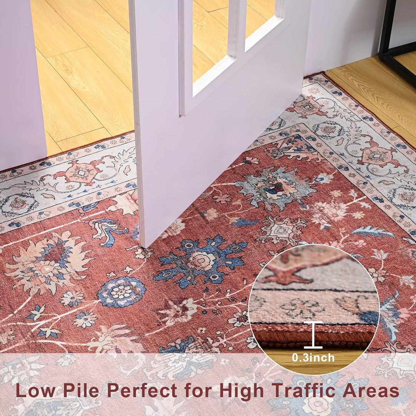 Vasofe 5x7 Rug for Bedroom, Washable Living Room Rugs for Dining Room, Red Indoor Floor Mat, Vintage Floral Mats for Home Decor, Farmhouse, Laundry Room, Non Slip Low Pile Soft Modern Carpet