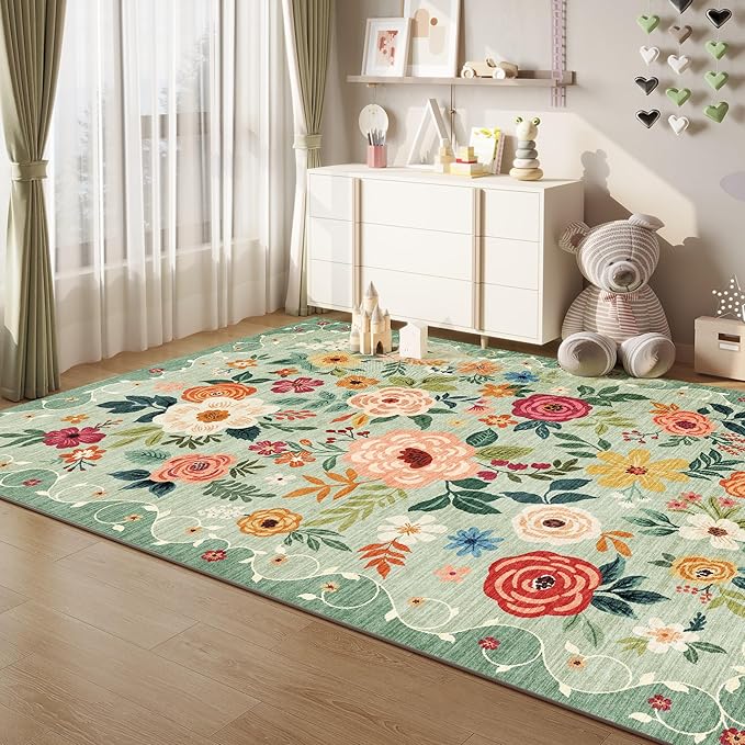 DUKINO 6x9 Area Rug, Floral Rugs for Living Room, Lightweight Non Slip Washable Rug, Indoor Low Pile & Non-Shedding Boho Design Rugs for Bedroom, Living Room, Dining Room, Green
