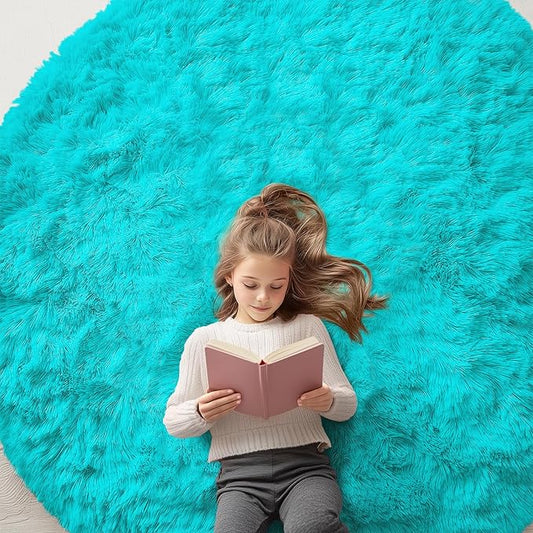 OLANLY Teal Blue Round Rugs for Bedroom - Machine Washable, 6 ft Circle Area Rugs for Living Room, Soft and Fluffy Shaggy Carpet for Teen Girls and Boys, Nursery Rooms, Dorms, Home Decor Aesthetic