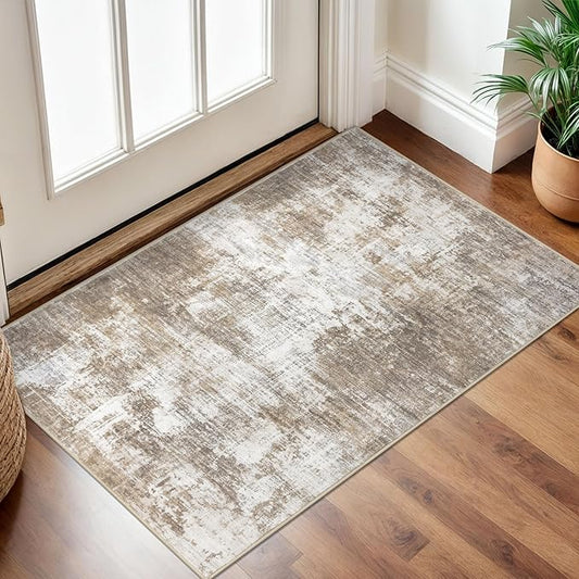 IOHOUZE Small Abstract Area Rug 2x3 Ft Entryway Rugs Washable Door Mat Indoor Entrance, Rubber Backed Throw Rugs, Printed Faux Wool Non Slip Floor Carpet for Foyer Front Door Sink, Beige Brown