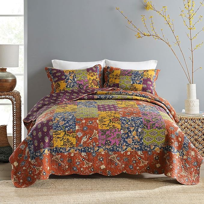 Secgo Queen Comforter Set for Bed - 100% Cotton Quilts Queen Size, Black Bedspreads (90 * 98 Inch) with 2 Pillow Shams, Patchwork Reversible Lightweight Bedding