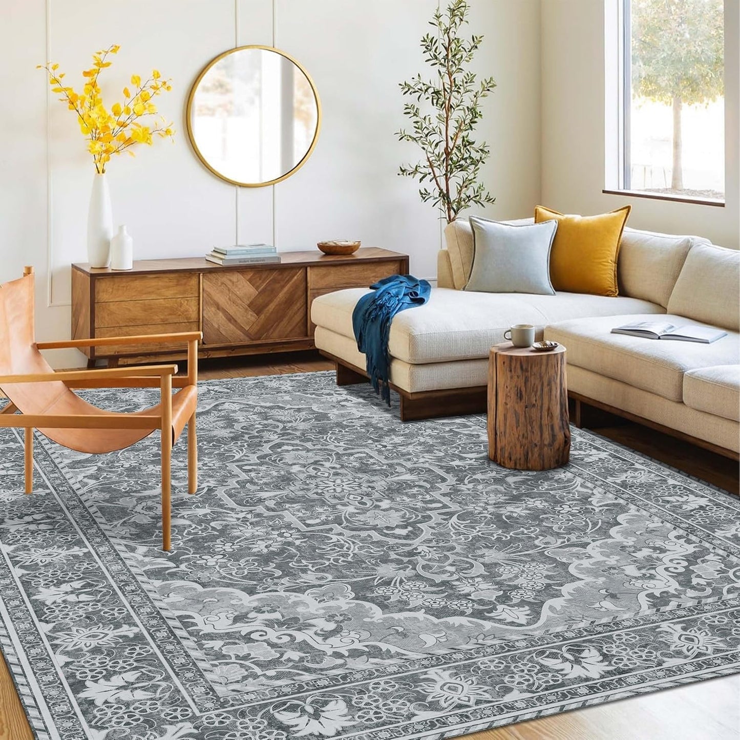 Washable Area Rug 4x6 | Non Slip Area Rug for Living Room, Bedrooms, Dining Room | Ultra-Soft Flannel Carpet Area with Rubber Backing (Light Grey, 4x6)