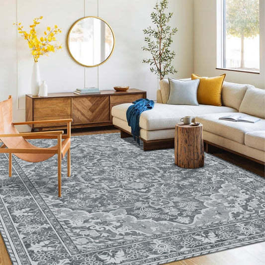 Washable Area Rug 4x6 | Non Slip Area Rug for Living Room, Bedrooms, Dining Room | Ultra-Soft Flannel Carpet Area with Rubber Backing (Light Grey, 4x6)