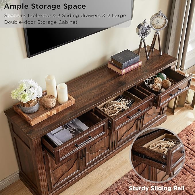 JXQTLINGMU 66" Large Buffet Sideboard Cabinet with 4 Doors and 3 Drawers, Buffet Table Coffee Bar Wine Bar Storage Cabinet for Dining Room, Living Room, Hallway, Dark Brown